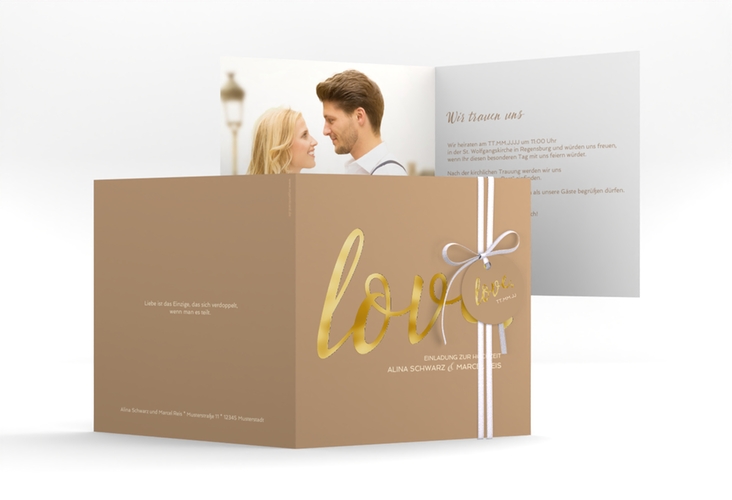 Hochzeitseinladung Glam quadr. Klappkarte beige gold