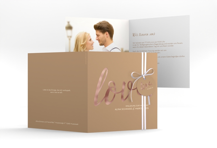 Hochzeitseinladung Glam quadr. Klappkarte beige rosegold