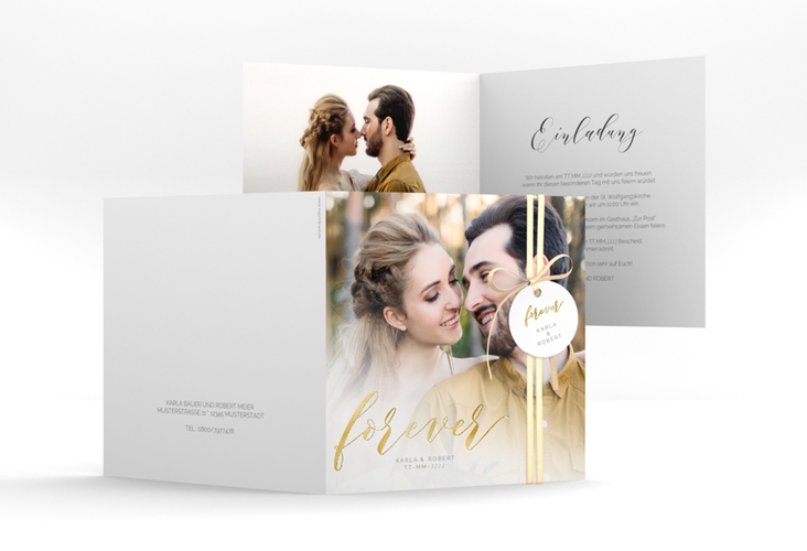 Hochzeitseinladung "Promise" quadratische Klappkarte weiss gold