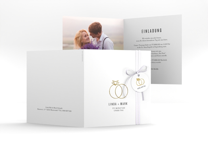 Hochzeitseinladung Rings quadr. Klappkarte weiss gold