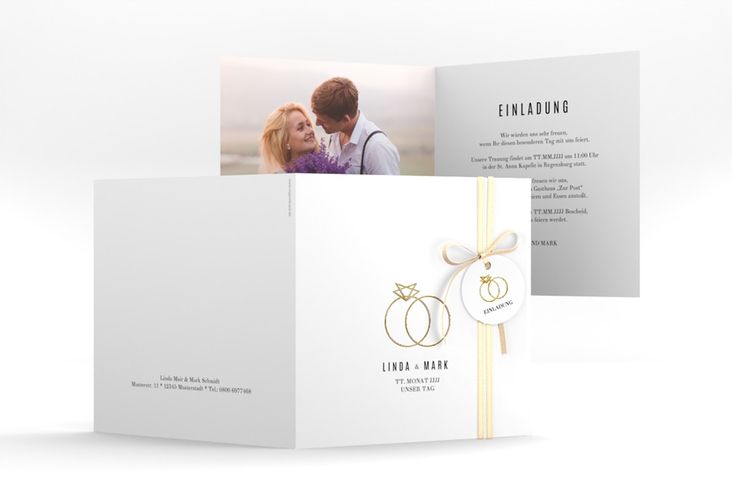 Hochzeitseinladung Rings quadr. Klappkarte weiss gold