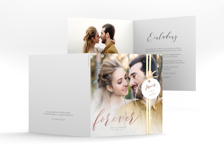 Hochzeitseinladung Promise quadr. Klappkarte weiss rosegold