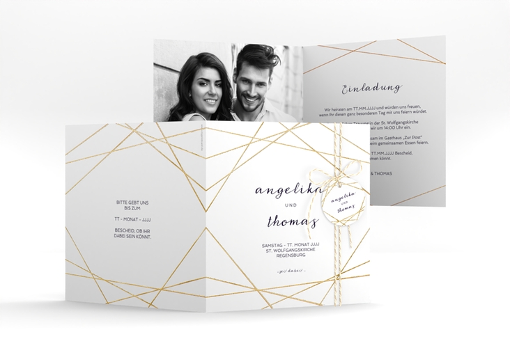 Hochzeitseinladung Asymmetry quadr. Klappkarte weiss gold