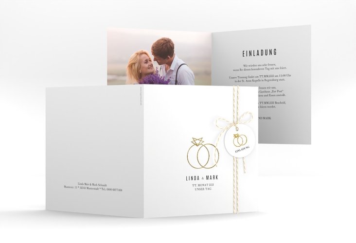 Hochzeitseinladung Rings quadr. Klappkarte weiss gold