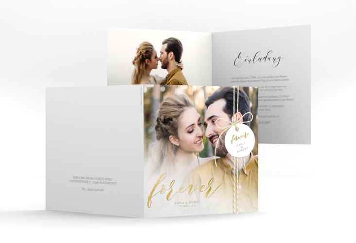 Hochzeitseinladung Promise quadr. Klappkarte weiss gold
