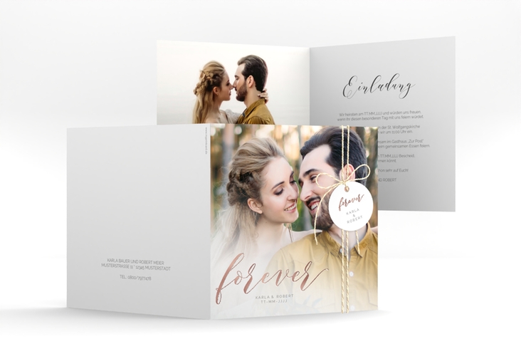 Hochzeitseinladung Promise quadr. Klappkarte weiss rosegold