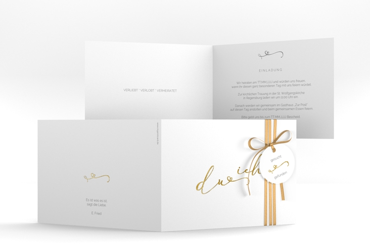 Hochzeitseinladung Zweisamkeit A6 Klappkarte quer gold im minimalistischen Stil mit Aufschrift du & ich