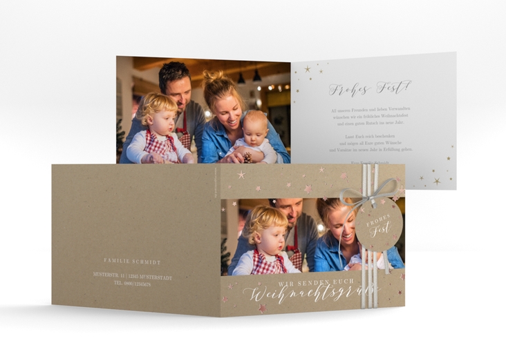 Weihnachtskarte Sternennacht A6 Klappkarte quer rosegold mit Sternchen und Familienfoto