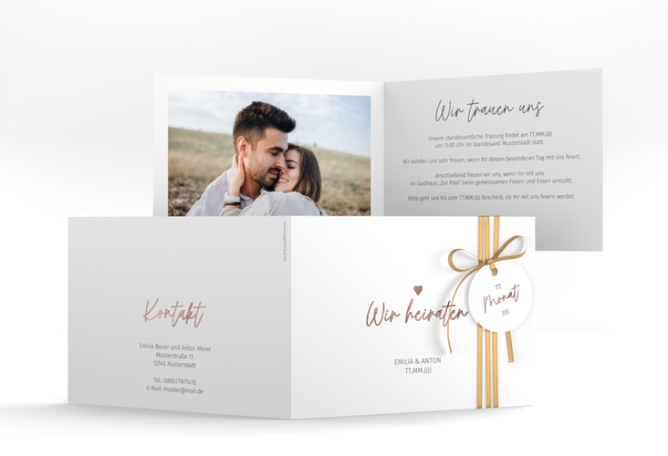 Hochzeitseinladung Herzschlag A6 Klappkarte quer rosegold schlicht und elegant mit Herzchen