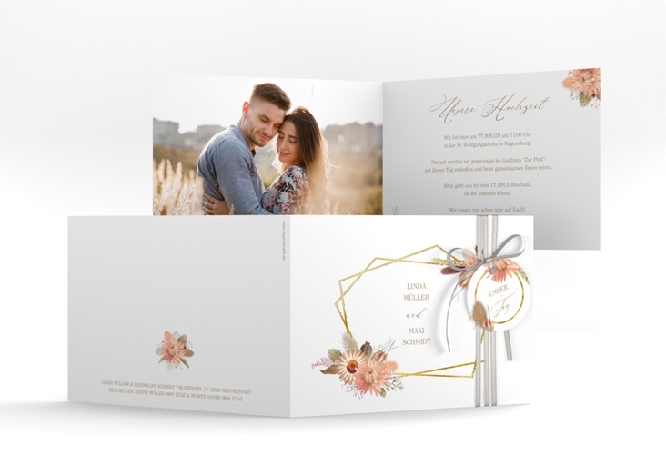 Hochzeitseinladung Strohblume A6 Klappkarte quer gold