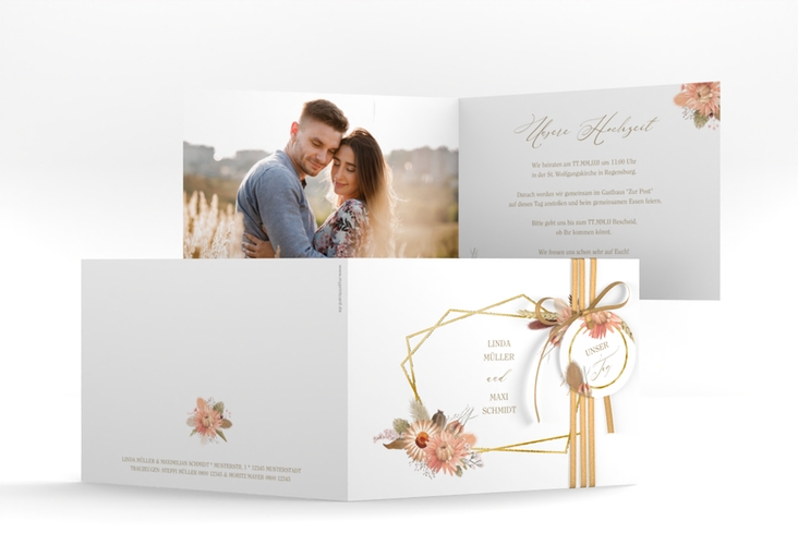 Hochzeitseinladung Strohblume A6 Klappkarte quer gold