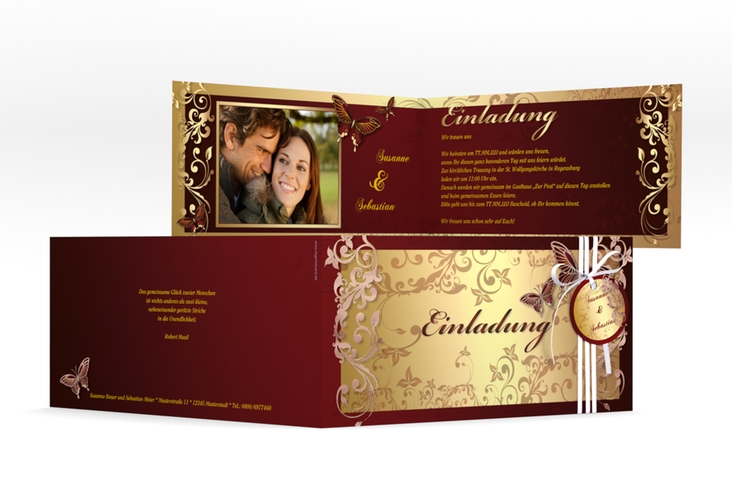 Hochzeitseinladung Toulouse lange Klappkarte quer rot rosegold