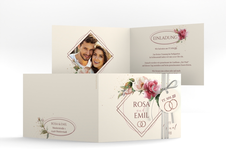 Hochzeitseinladung Rosenbogen A6 Klappkarte quer rosegold