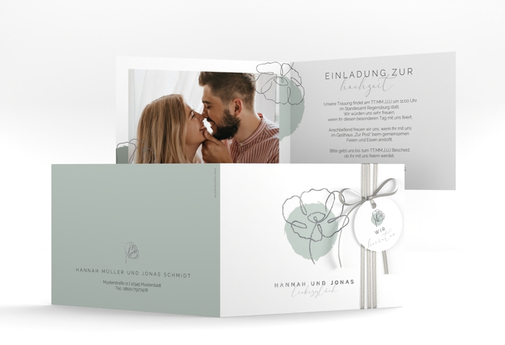 Hochzeitseinladung Flowerline A6 Klappkarte quer silber