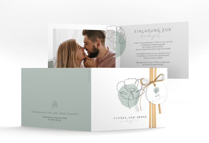 Hochzeitseinladung Flowerline A6 Klappkarte quer silber