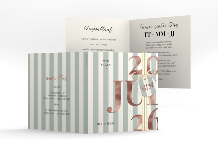Hochzeitseinladung Streifen quadr. Klappkarte gruen rosegold