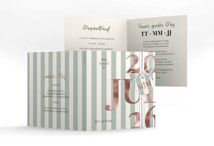 Hochzeitseinladung Streifen quadr. Klappkarte gruen rosegold