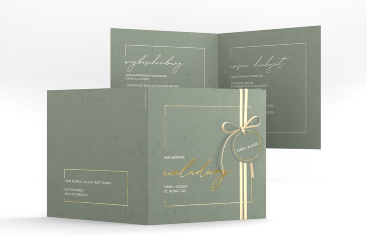 Hochzeitseinladung Simple Line quadr. Klappkarte gruen gold