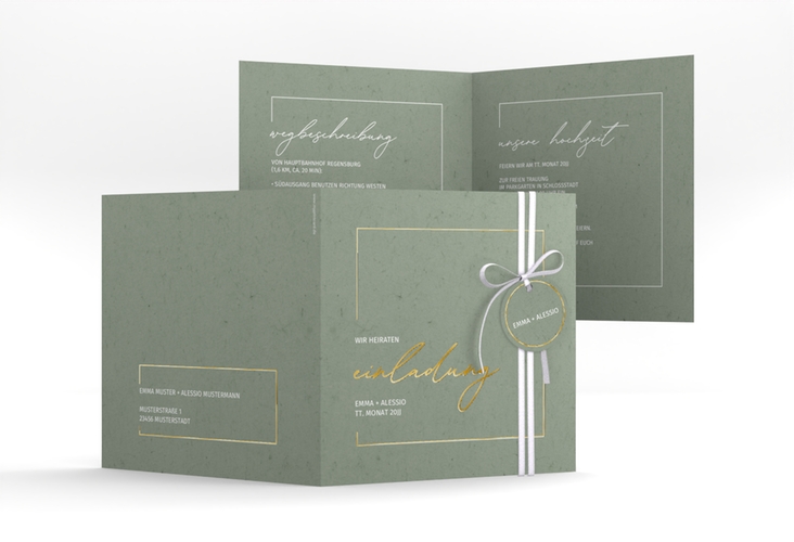 Hochzeitseinladung Simple Line quadr. Klappkarte gruen gold