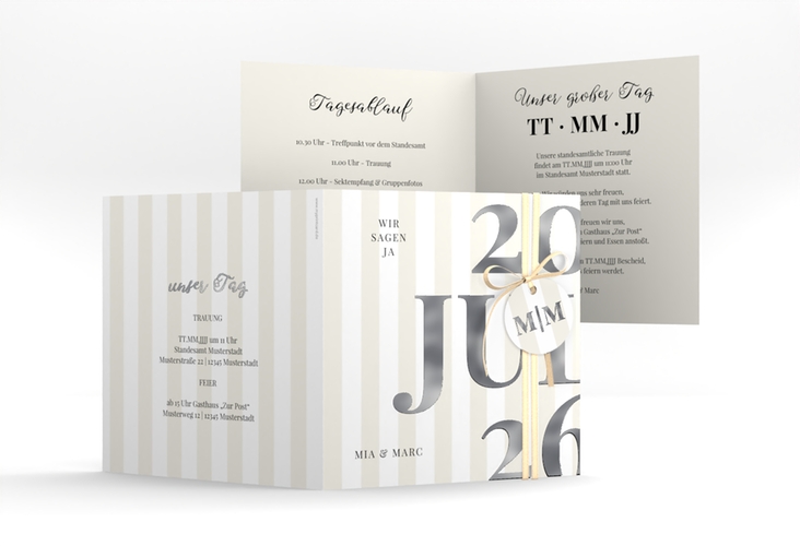 Hochzeitseinladung Streifen quadr. Klappkarte beige silber