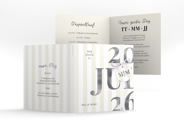 Hochzeitseinladung Streifen quadr. Klappkarte beige silber