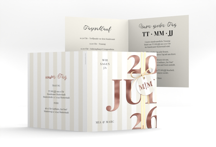 Hochzeitseinladung Streifen quadr. Klappkarte beige rosegold