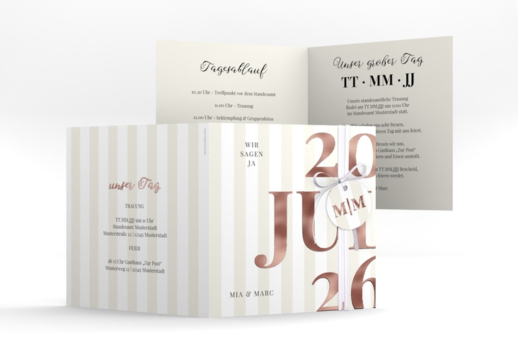 Hochzeitseinladung Streifen quadr. Klappkarte beige rosegold