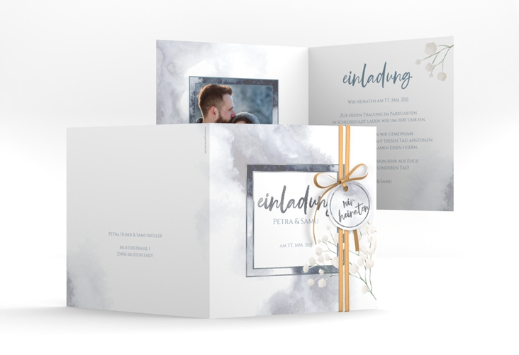 Hochzeitseinladung Winter quadr. Klappkarte blau silber mit Schleierkraut