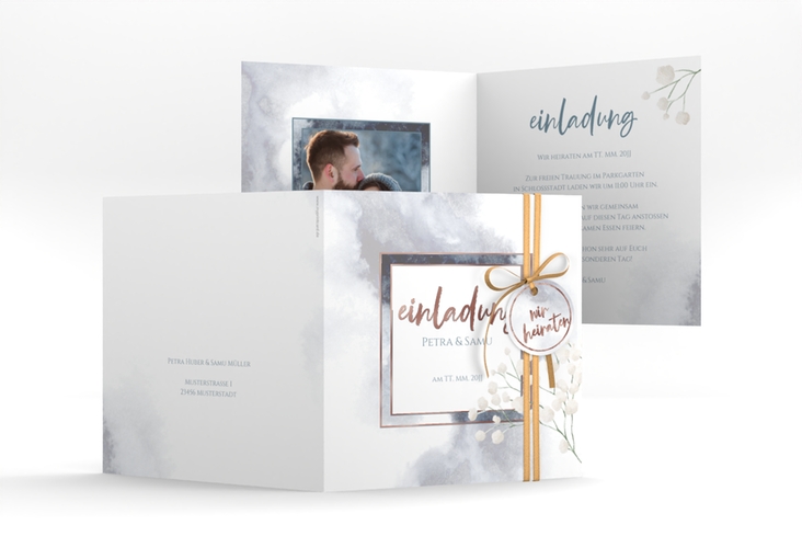 Hochzeitseinladung Winter quadr. Klappkarte blau rosegold mit Schleierkraut
