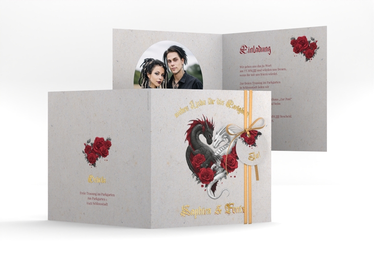 Hochzeitseinladung Drachenliebe quadr. Klappkarte grau gold