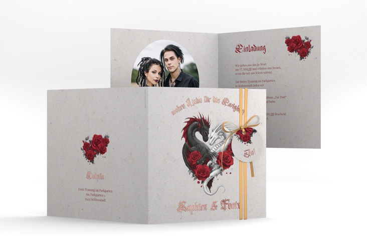 Hochzeitseinladung Drachenliebe quadr. Klappkarte grau rosegold