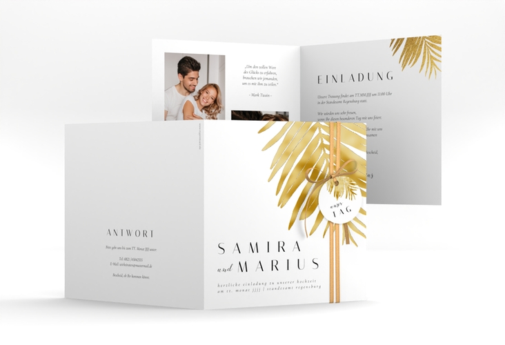 Hochzeitseinladung Palmenblatt quadr. Klappkarte gold gold mit Palmenwedel