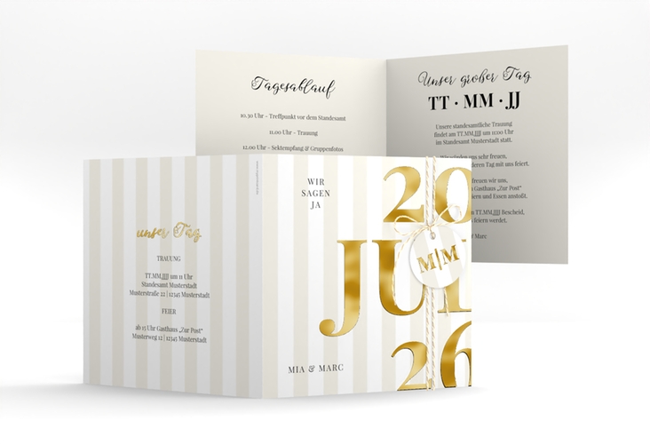 Hochzeitseinladung Streifen quadr. Klappkarte beige gold