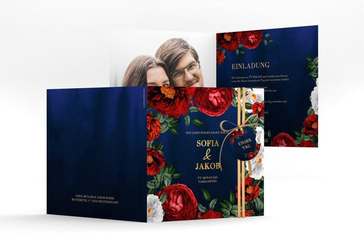 Einladungskarte Hochzeit Florista quadr. Klappkarte blau gold