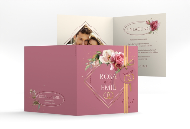 Hochzeitseinladung Rosenbogen quadr. Klappkarte rosa gold