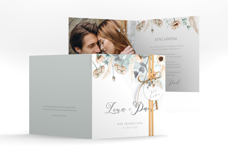 Hochzeitseinladung Anemone quadr. Klappkarte mint silber