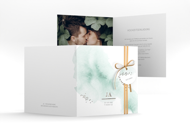 Hochzeitseinladung Pastell quadr. Klappkarte mint silber