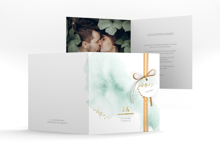 Hochzeitseinladung Pastell quadr. Klappkarte mint gold