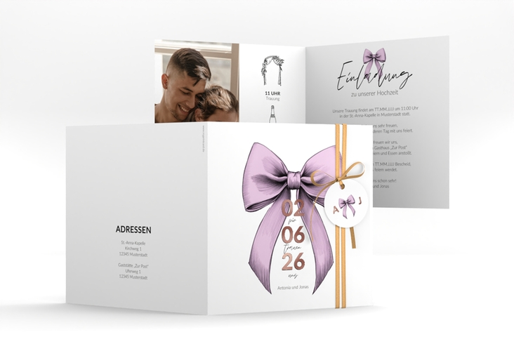Hochzeitseinladung Schleife quadr. Klappkarte rosa rosegold