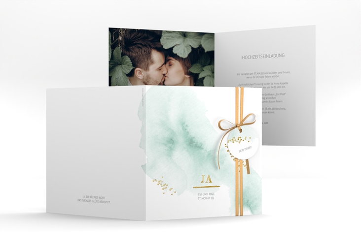 Hochzeitseinladung Pastell quadr. Klappkarte mint gold