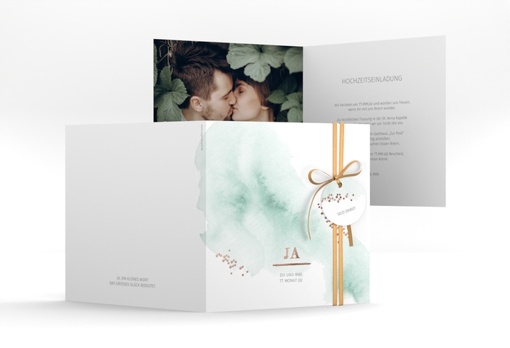 Hochzeitseinladung Pastell quadr. Klappkarte mint rosegold