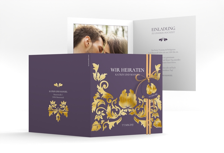 Hochzeitseinladung Royal quadr. Klappkarte lila gold mit barockem Blumen-Ornament