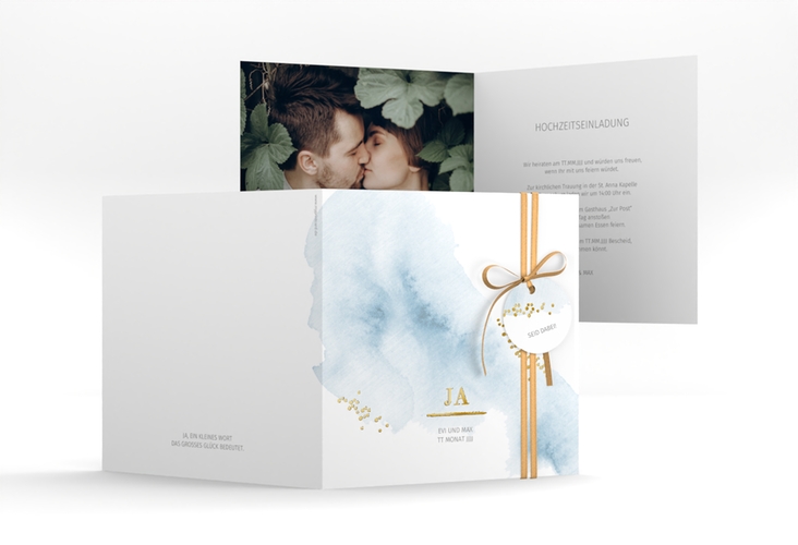 Hochzeitseinladung Pastell quadr. Klappkarte blau gold