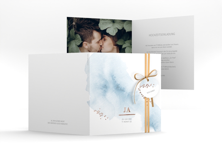 Hochzeitseinladung Pastell quadr. Klappkarte blau rosegold