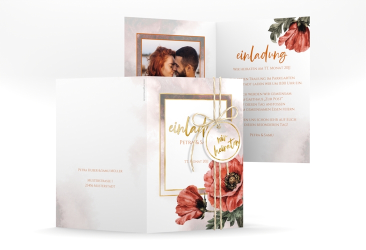 Einladungskarte Hochzeit Sommer A6 Klappkarte hoch rot gold mit Mohnblumen-Aquarell