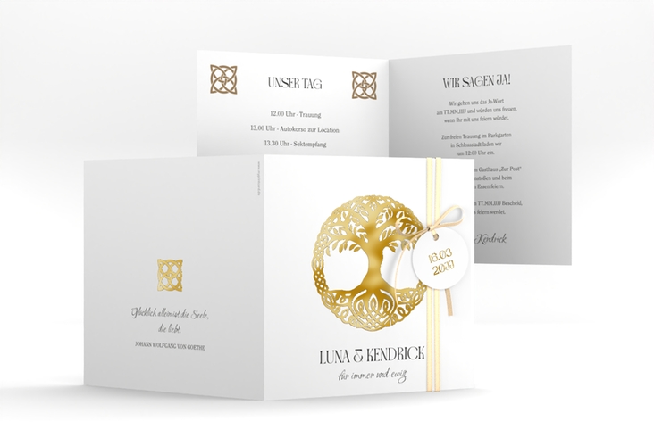 Hochzeitseinladung Lebensbaum quadr. Klappkarte weiss gold im Stil der Kelten und Wikinger
