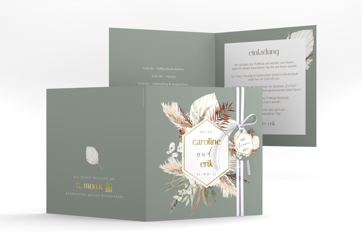 Hochzeitseinladung Bohemian quadr. Klappkarte gruen gold im Boho-Style mit Pampasgras
