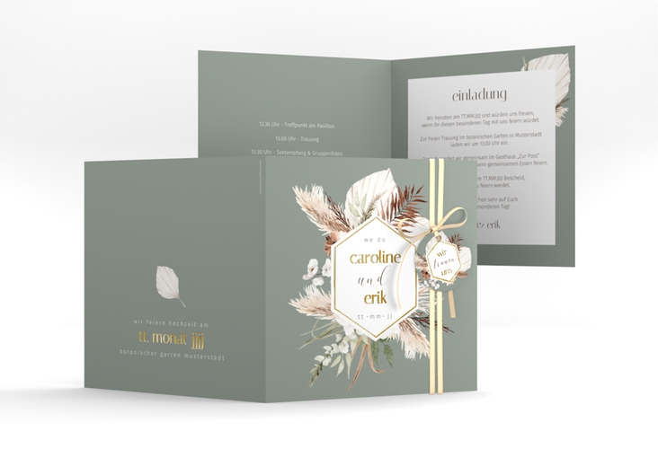 Hochzeitseinladung Bohemian quadr. Klappkarte gruen gold im Boho-Style mit Pampasgras