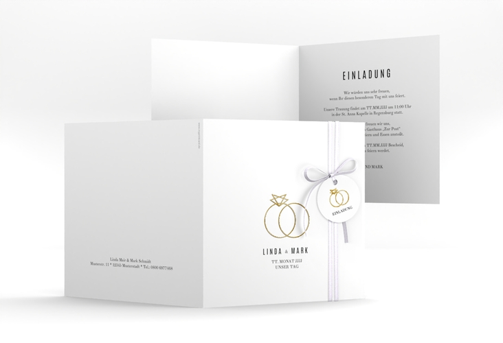 Hochzeitseinladung Rings quadr. Klappkarte weiss gold