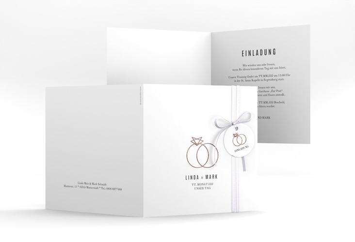 Hochzeitseinladung Rings quadr. Klappkarte weiss rosegold
